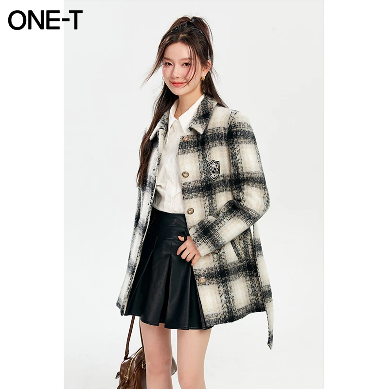 凡兔2023冬季美式复古格子宽松中长款毛呢翻领外套女3M628