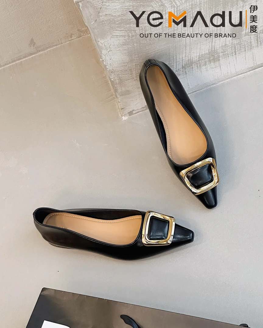 气质尖头浅口低跟单鞋法式黑色女软底百搭通勤配裙子时尚单鞋3610