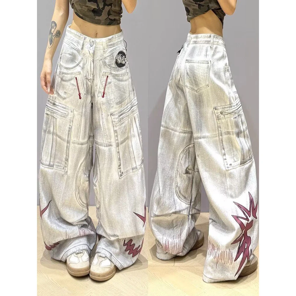 大码美式复古污渍擦色做旧工装裤男女2025新款辣妹刺绣贴布拖地裤