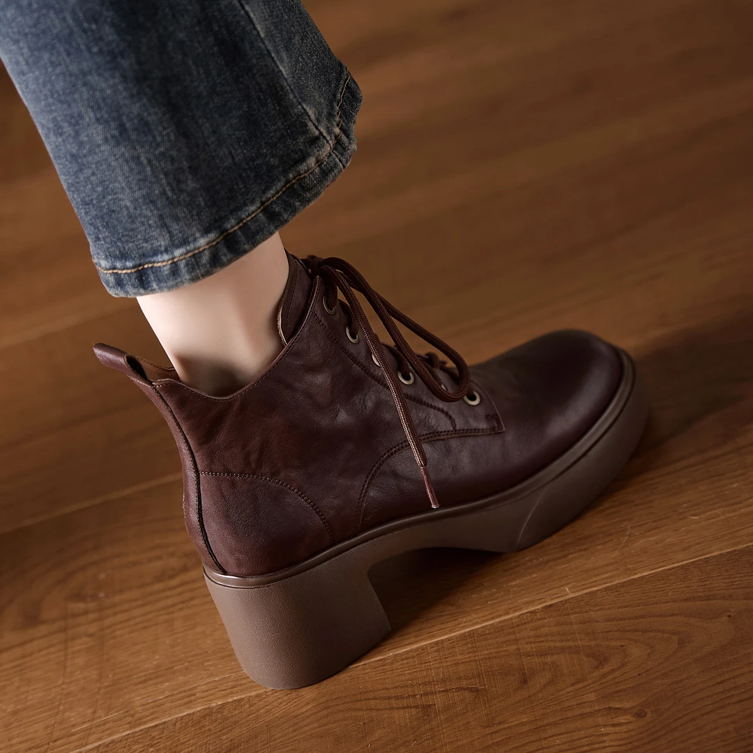 春秋小众设计厚底马丁靴手抓牛皮切尔西靴高跟真皮短靴棕色机车靴