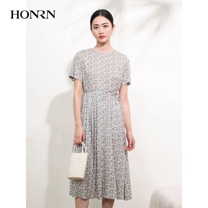 HONRN/印花压褶裙子修身收腰显瘦短袖新款连衣裙洋气衣服女OL488