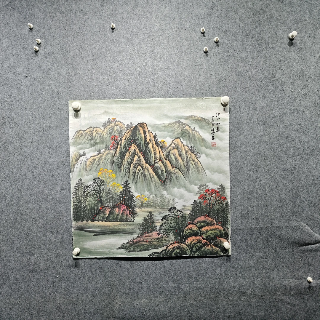 国画手绘四尺青绿淡雅斗方山水画尺寸68-68厘米