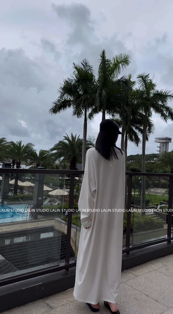 LALIN2025ss新款原创100%棉薄款后背三角标宽松慵懒长袖T恤连衣裙