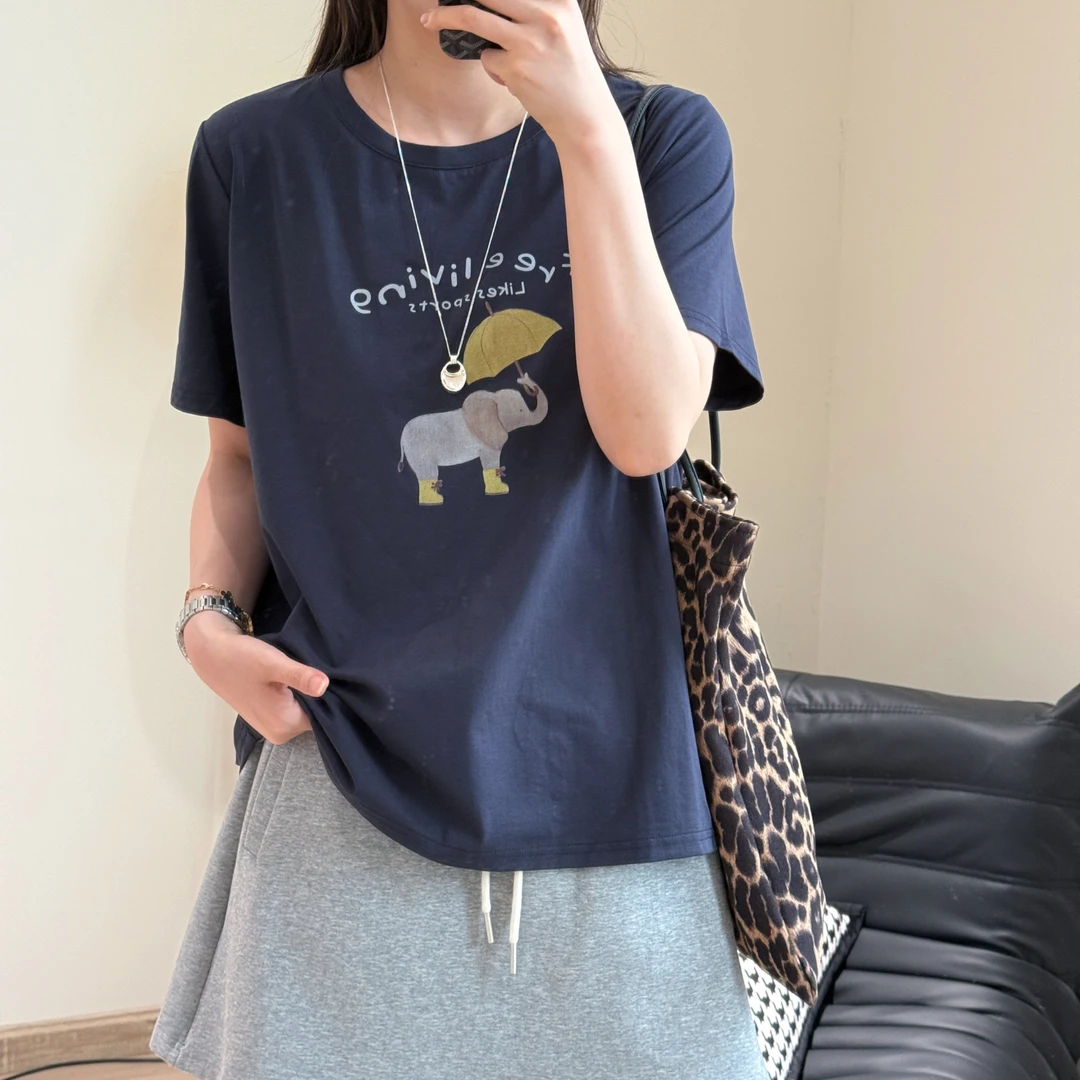 美亚恩NANA大码！【雨天小象】卡通休闲圆领宽松短袖T恤K0289