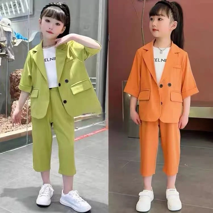 时髦夏季女童西服三件套绿色橘色半袖女孩小西装套装夏款气质洋气