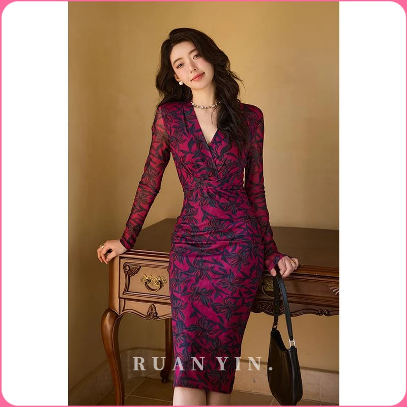RUAN YIN春秋新款风情万种连衣裙女V领长袖裹身裙紫色修身长裙子