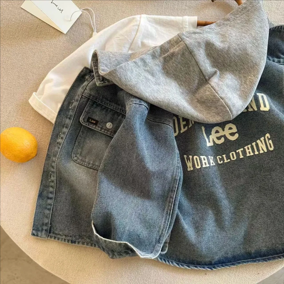 儿童软牛仔外套2025春新款男童做旧衬衫宝宝纯色连帽牛仔衣女潮牌