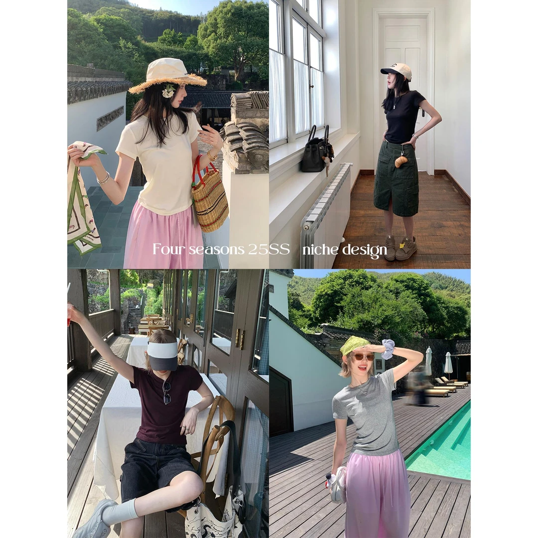 区区欧阳 基础多色天丝短袖T恤女夏季新款修身正肩显瘦圆领上衣