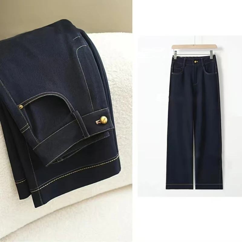 春季新款 桑 蚕丝丹宁蓝牛仔裤设计师款高腰显瘦窄版阔腿裤607-1