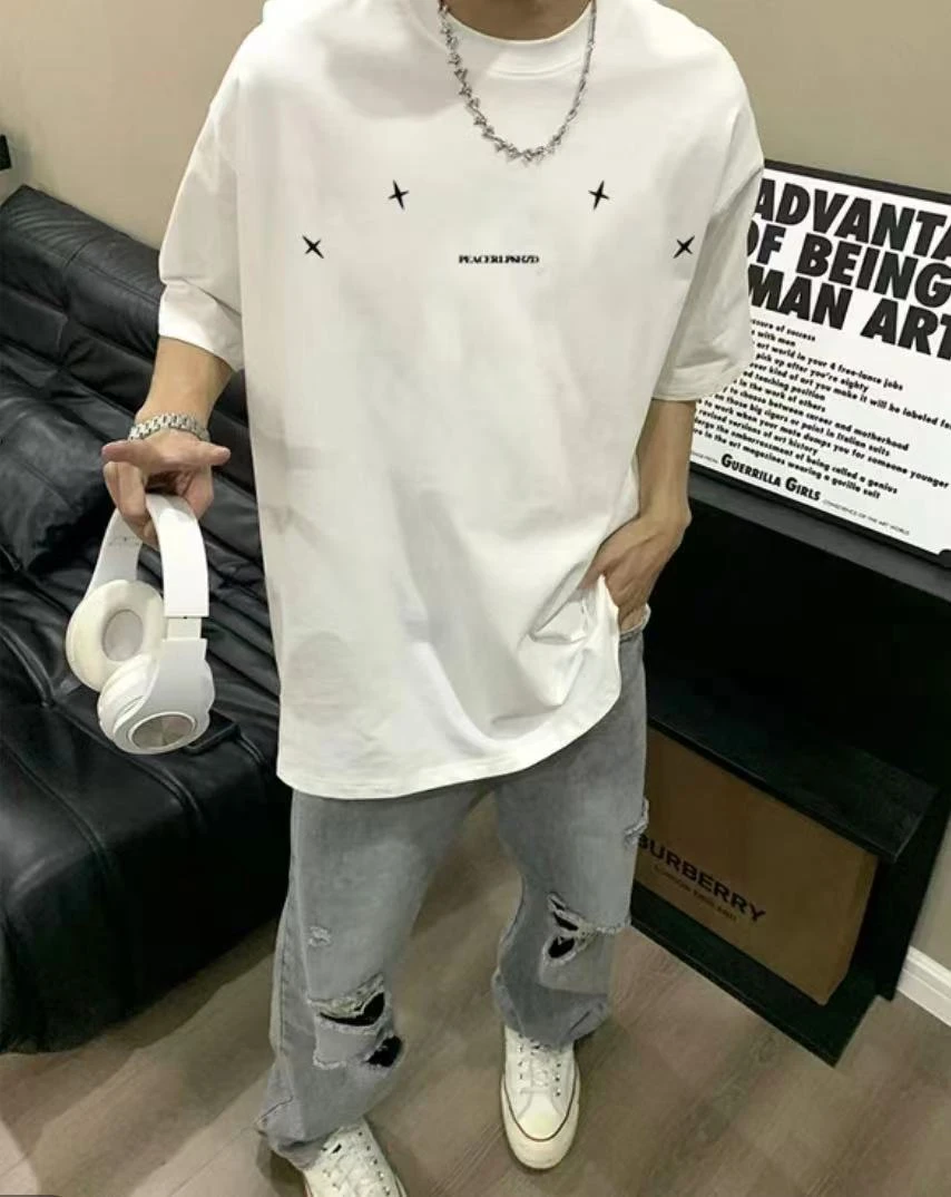 091白色青少年时尚潮流休闲短袖T恤