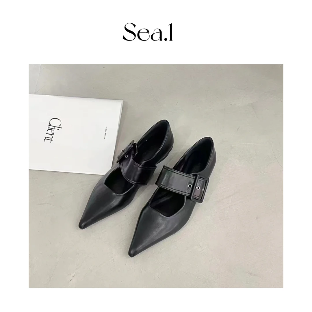 【Sea.1 AAn x 春季尖头浅口中跟鞋】黑色单鞋法式包头修面皮尖头