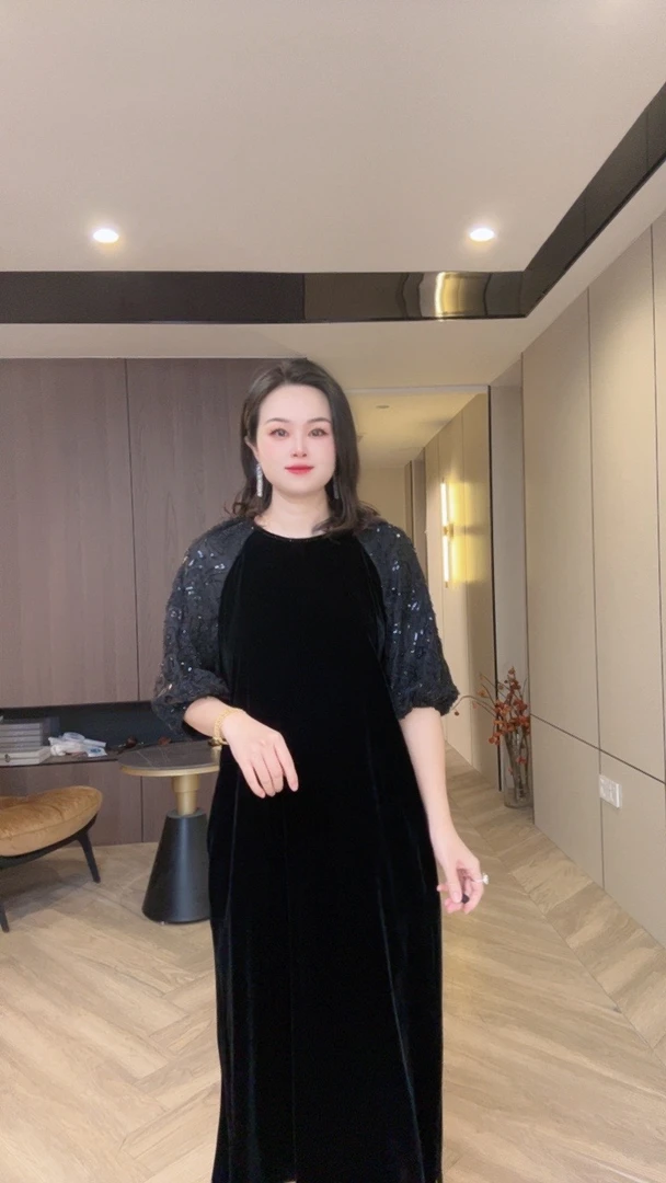 新国风女士真丝丝绒宽松显瘦桑蚕丝连衣裙