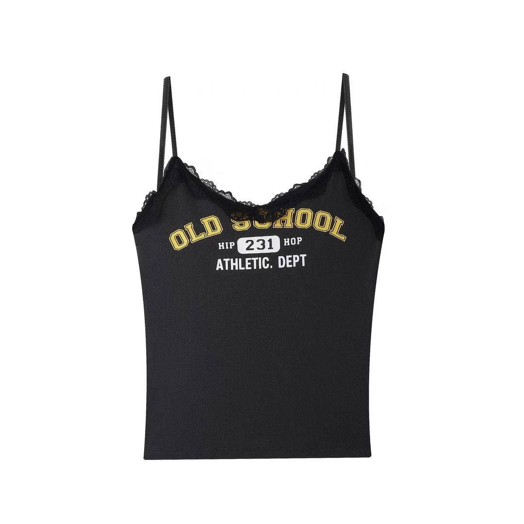 小云米深灰字母图案蕾丝花边小吊带背心女内搭外穿时尚短款上衣