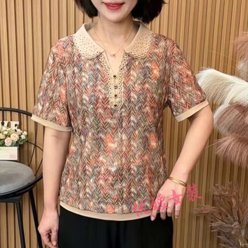 妈妈装夏季新款花边翻领烫钻弹力宽松显瘦中老年女装短袖上衣A981