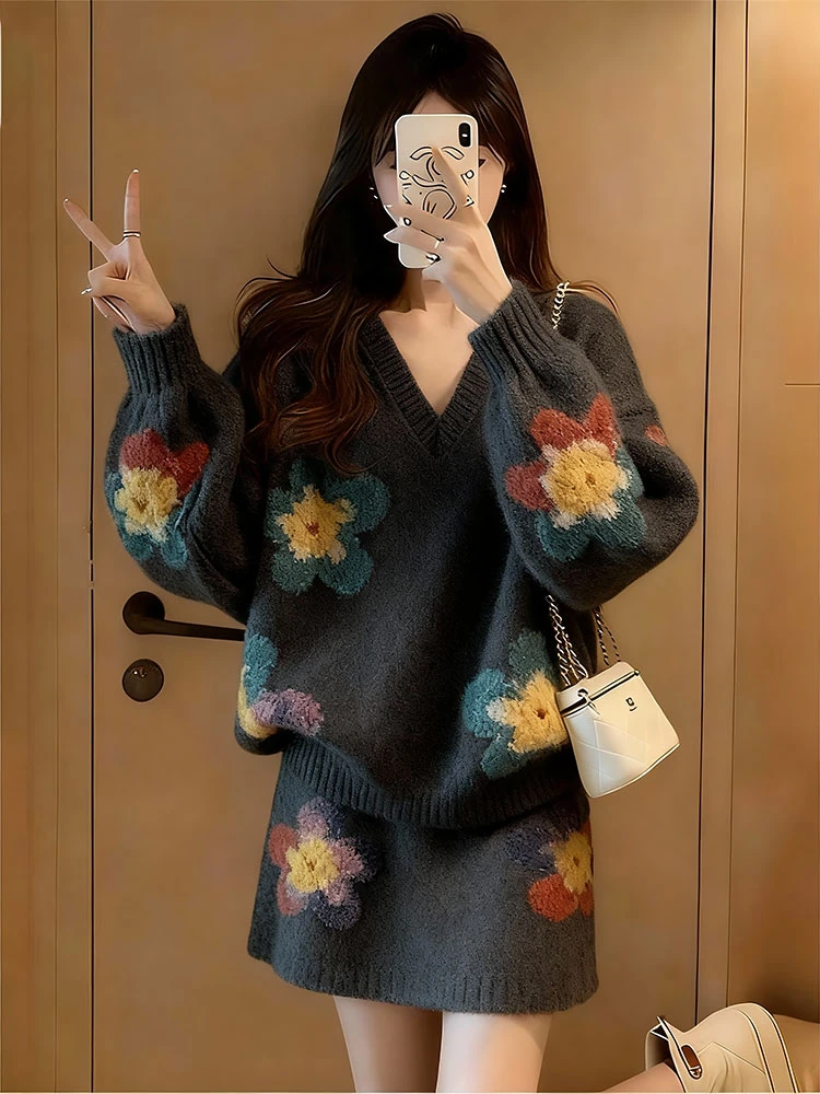 冬季搭配一整套高级感超好看独特宽松时尚慵懒软糯毛衣半裙两件套