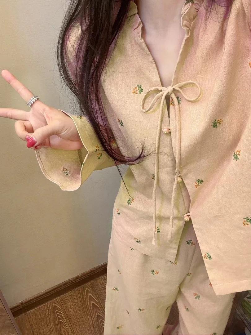 少女甜美公主风设计感蝴蝶结碎花印花睡衣女春秋新款纯欲风家居服