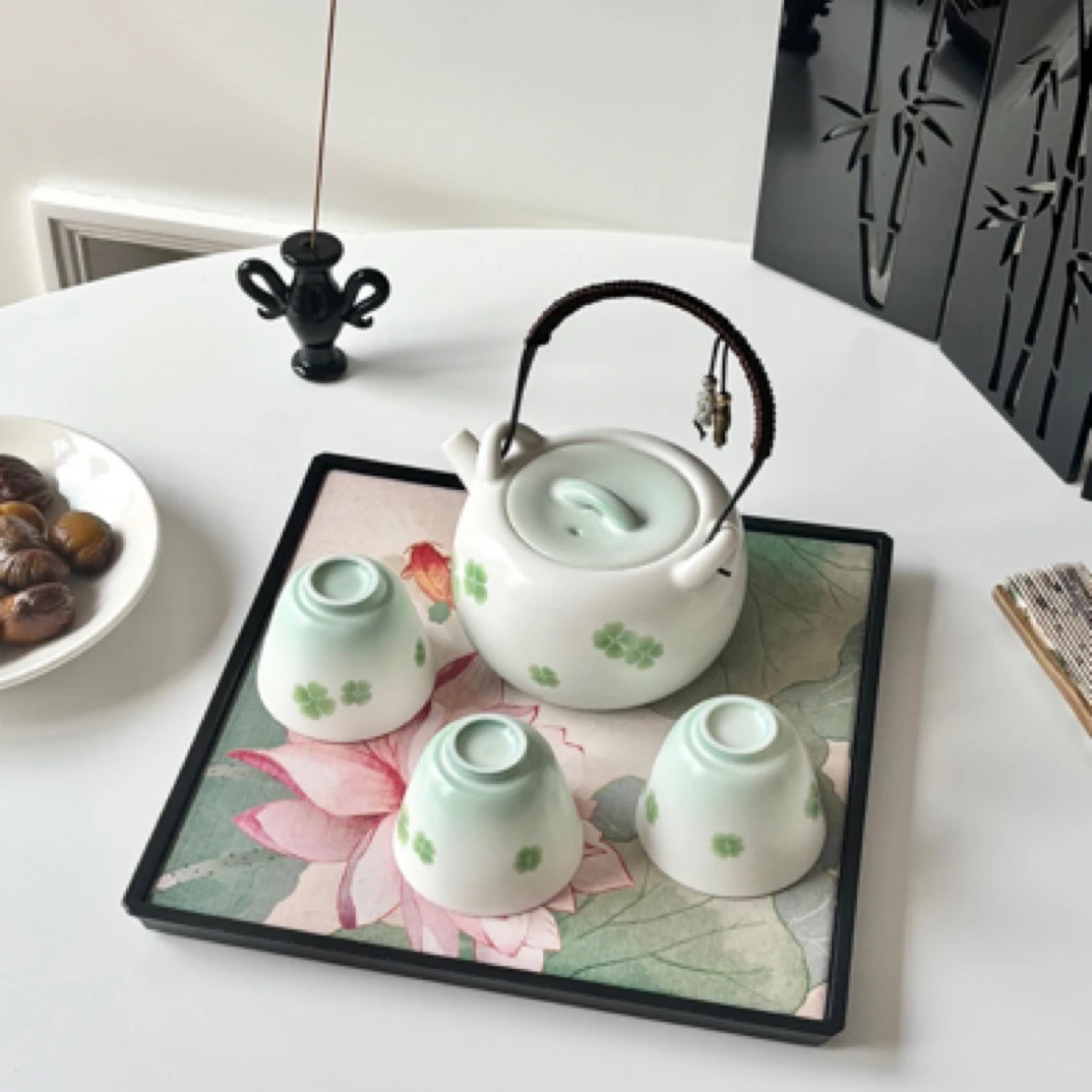 高颜值轻奢四叶草渐变绿一壶三杯带茶盘提梁壶泡茶杯简约家用送礼