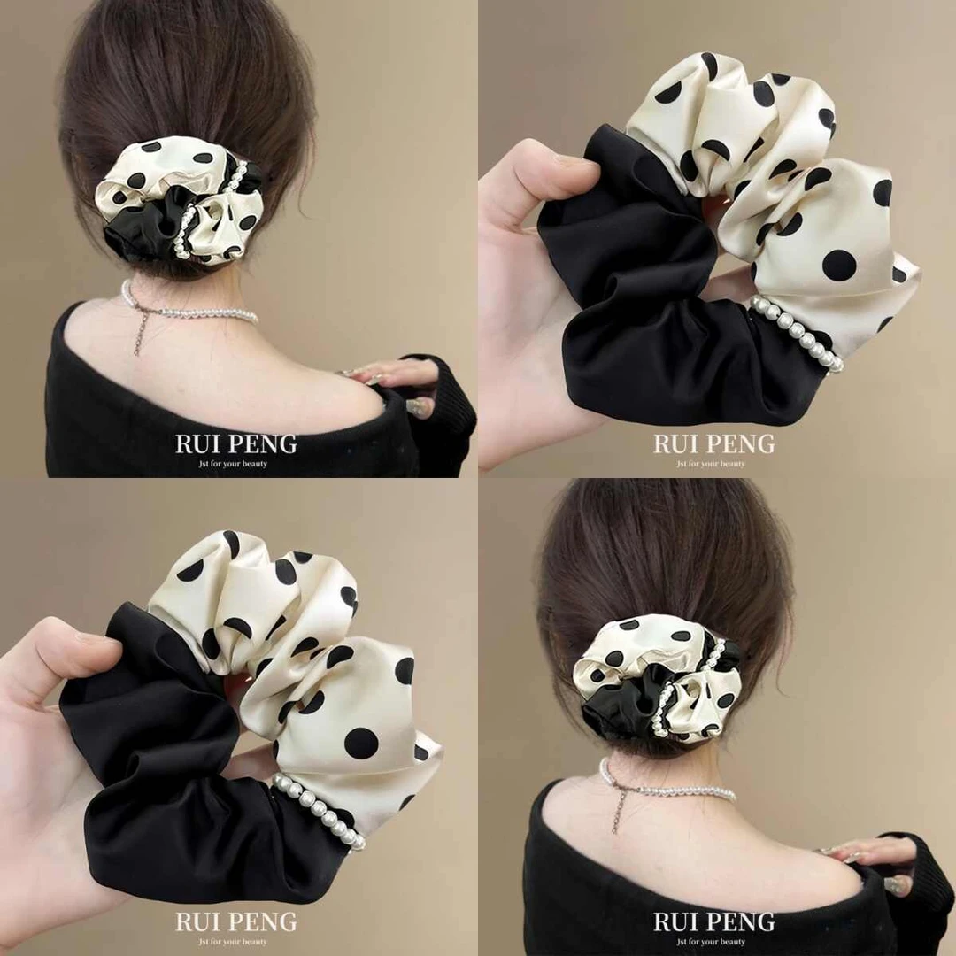 赫本风波点复古珍珠头花大肠发圈女高级感韩系丸子头发饰马尾发绳