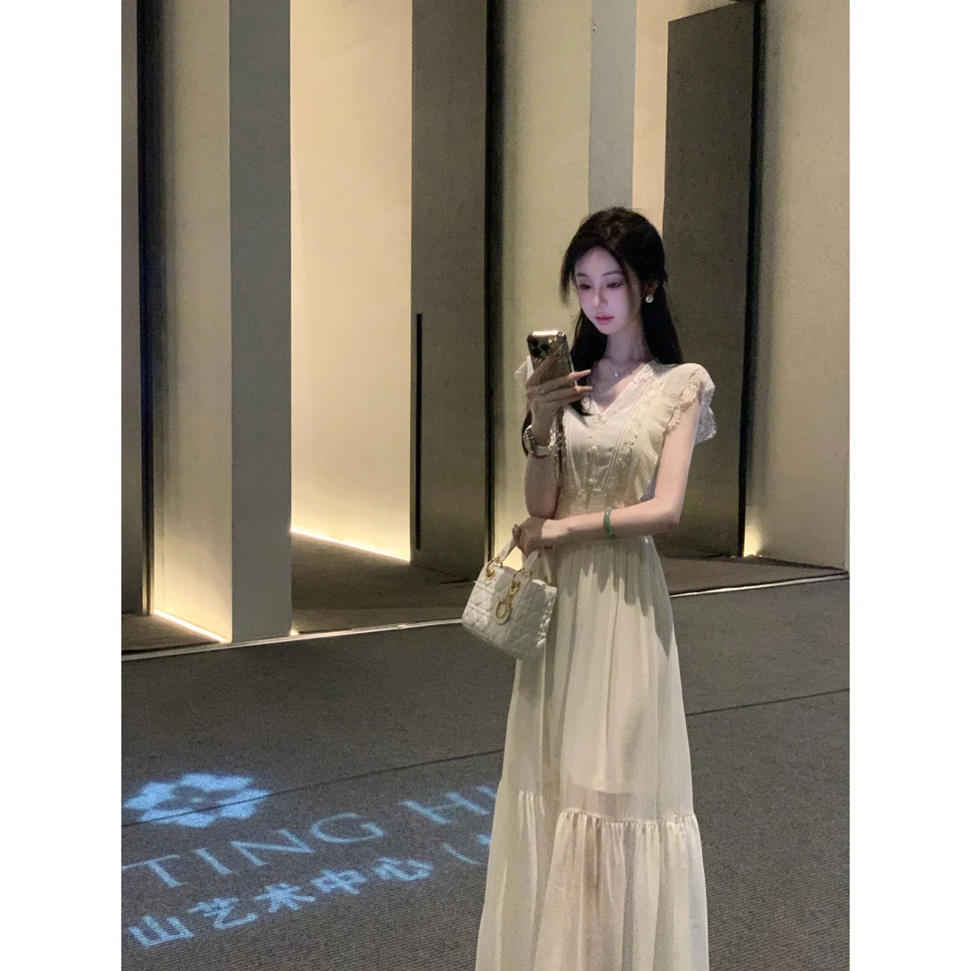 【雅乔定制】天鹅湖 蕾丝花边珍珠雪纺长短款连衣裙DYCC-25068260