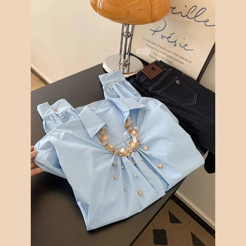 法式别致蓝色超好看独特漂亮长袖衬衫女设计感小众高级感上衣小衫