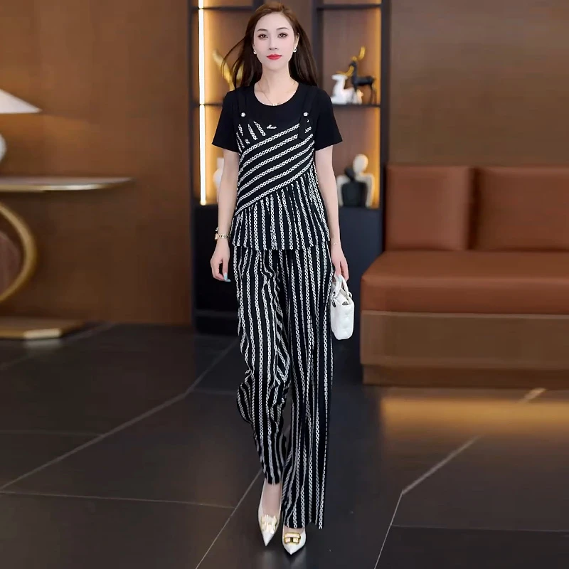 时尚拼接条纹短袖阔腿裤两件套女2025夏季新款洋气质韩版垂感套装