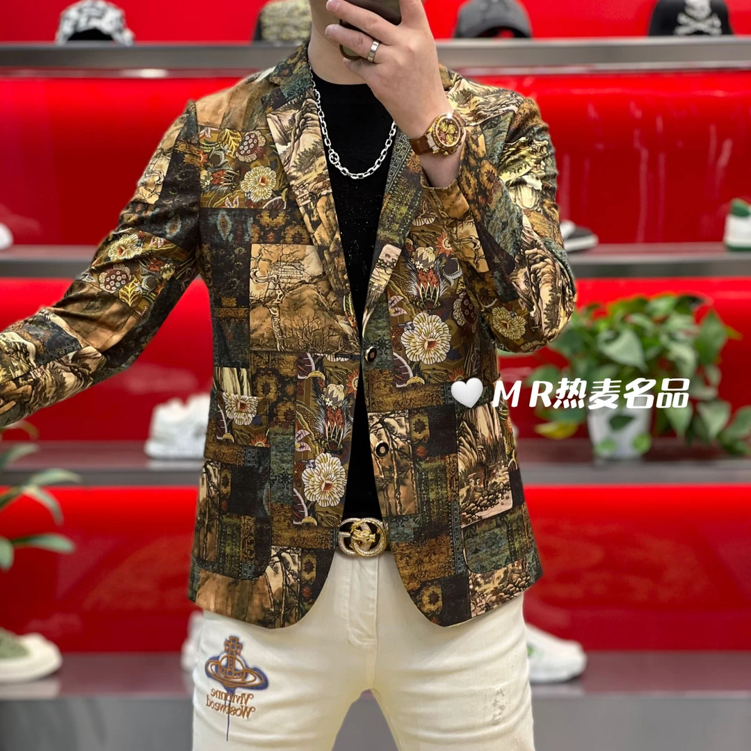 【星欧甄选】2024新款秋冬印花款 男士修身弹力长袖西装外套8002