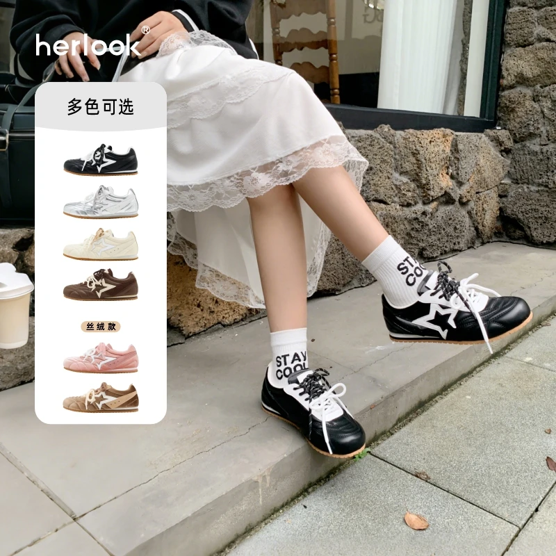 【董璇同款】HERLOOK开口星德训鞋女2025新款黑色复古休闲阿甘鞋