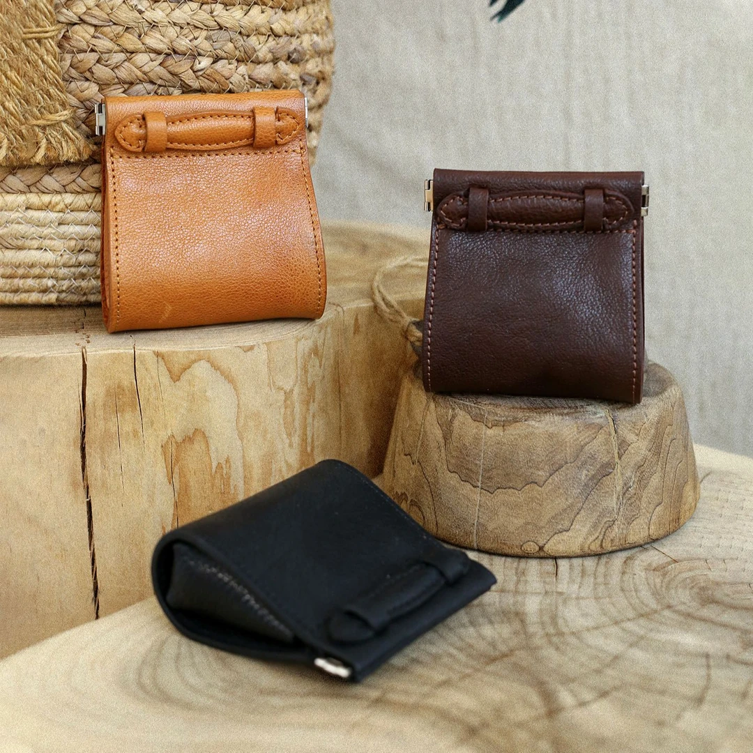 如柒头层植鞣牛皮复古高级感零钱包耳机口红文玩核桃收纳小挂包