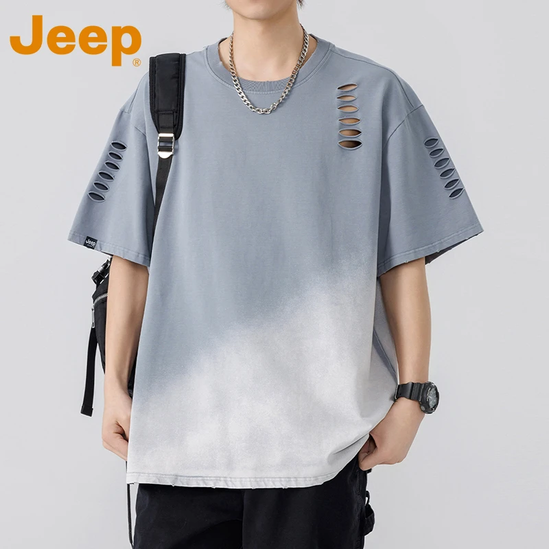 JEEP吉普渐变色破洞短袖T恤男士夏季美式潮牌宽松休闲半袖体恤衫