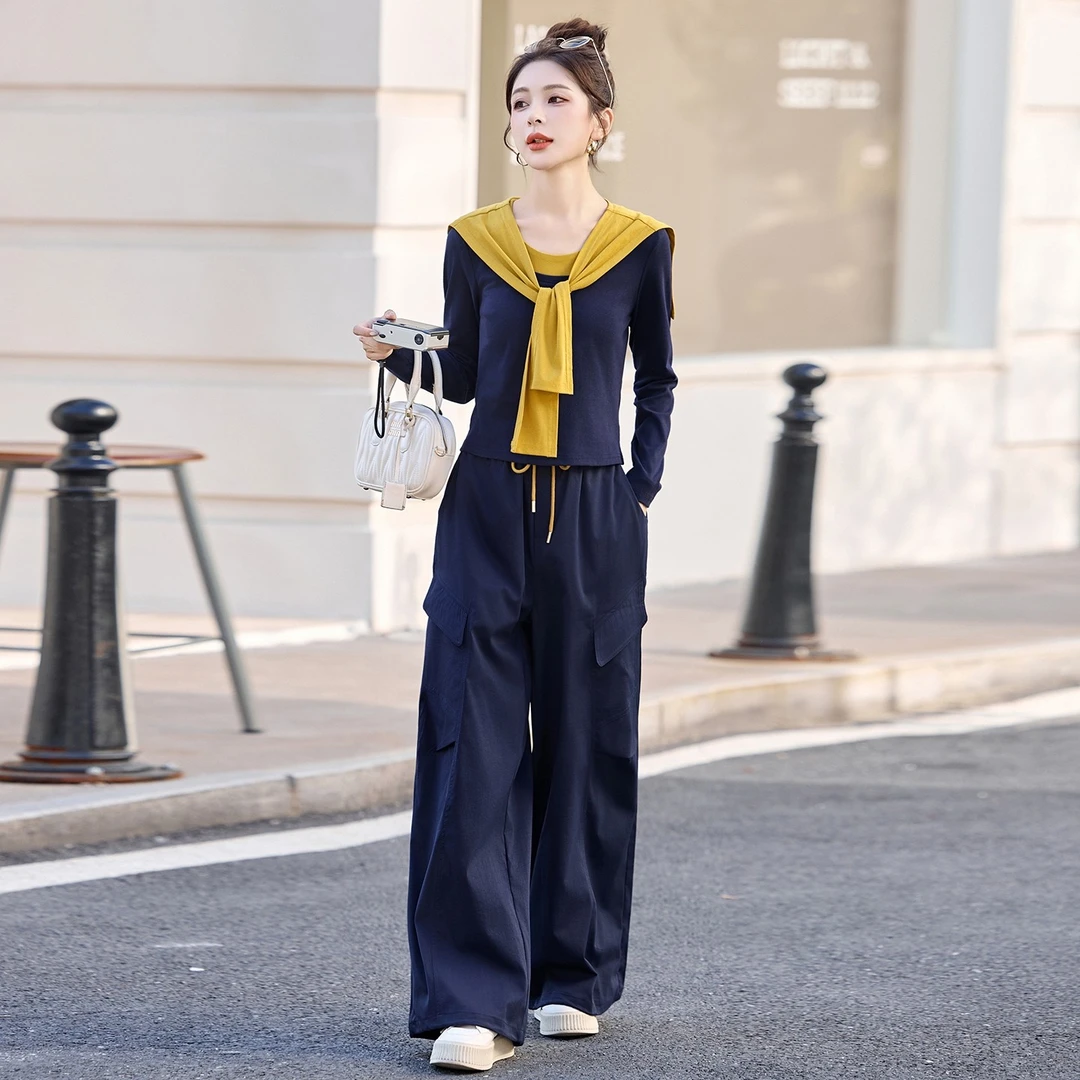 慵懒风撞色披肩长袖上衣工装阔腿裤两件套女2025秋季新款休闲套装