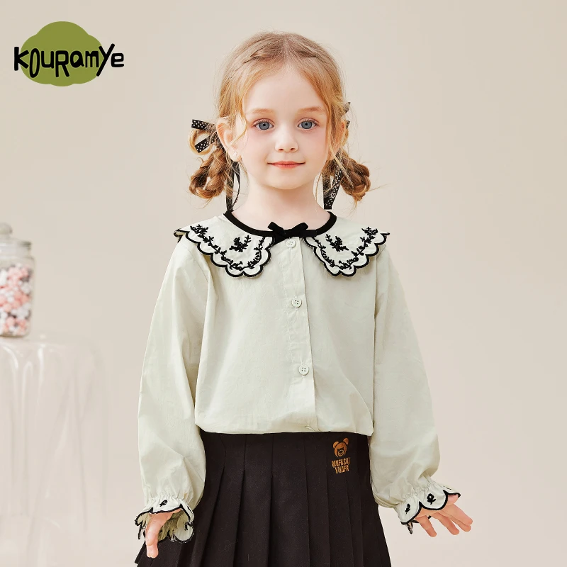 酷娃米2025年春季新款中小女童舒适百搭刺绣复古娃娃领衬衫20724
