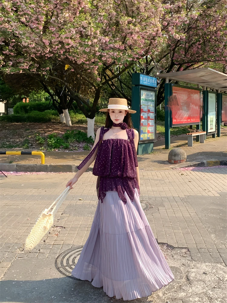 复古紫色波点吊带背心女宽松无袖外穿设计感上衣      80595