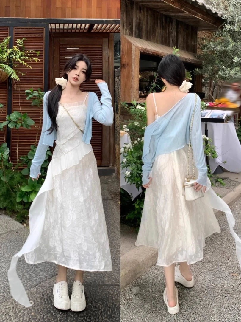 大码胖MM韩系甜美法式吊带连衣裙女夏季新款收腰显瘦气质仙女长裙