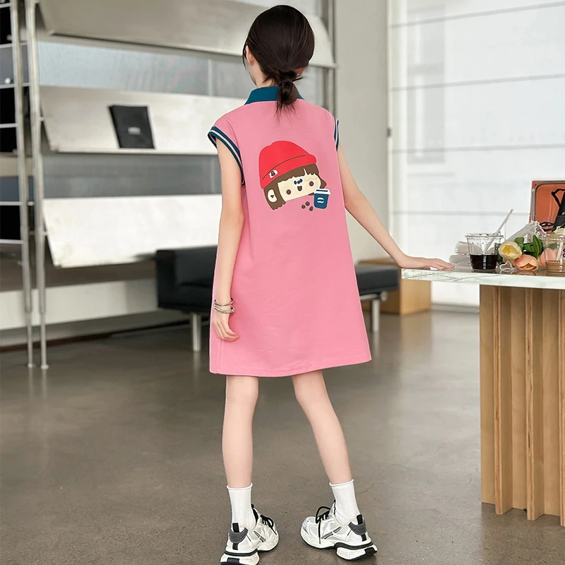 女童夏装无袖连衣裙2025新款长款polo衫学院风卡通女孩夏装休闲裙