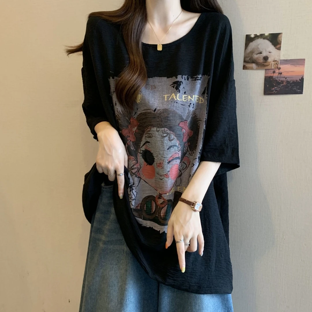 大码起皱冰丝卡通印花短袖t恤女夏季新款宽松显瘦胖mm上衣女ins潮