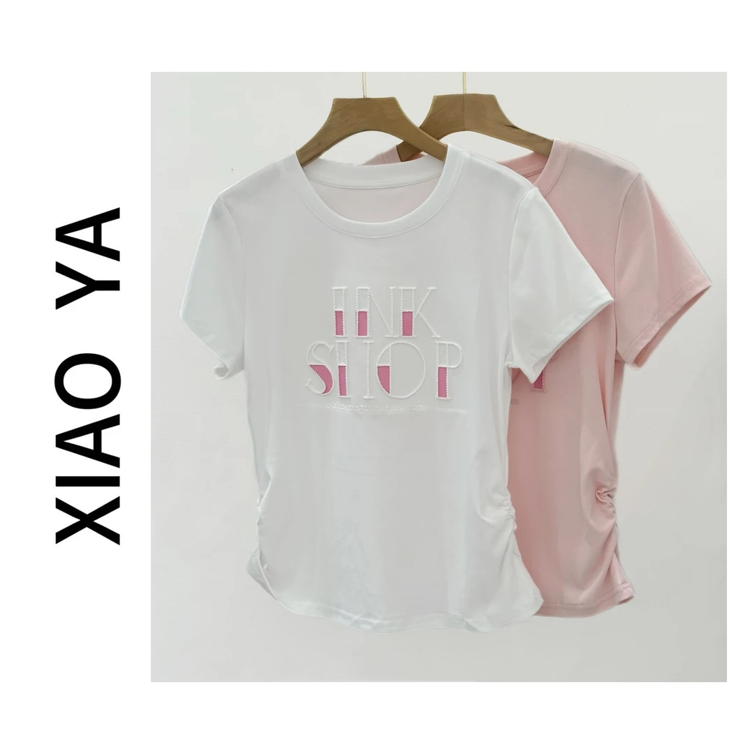 2555夏季新款时尚简约拼色字母腰部收褶显瘦百搭T恤