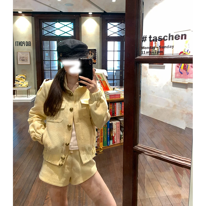 【安娜日记】小香风嫩芽黄翻领气质外套+短裤套装秋季小个子百搭款