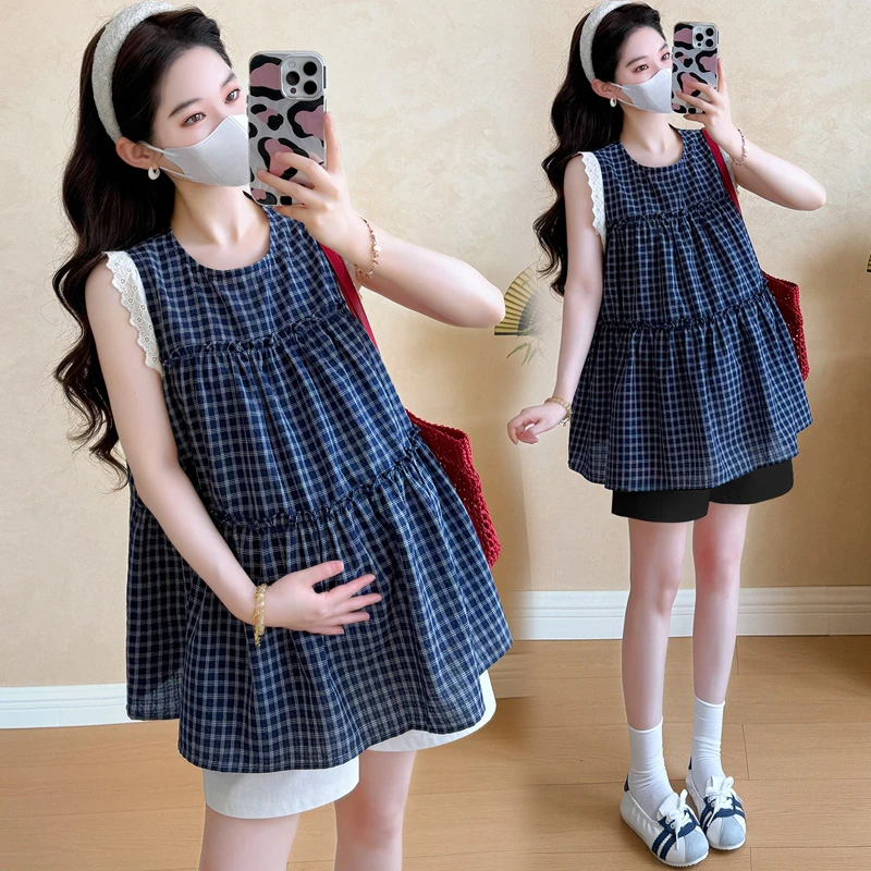 孕妇装2025夏季新款韩版时尚甜美娃娃衫花边拼接格子无袖衬衫夏装