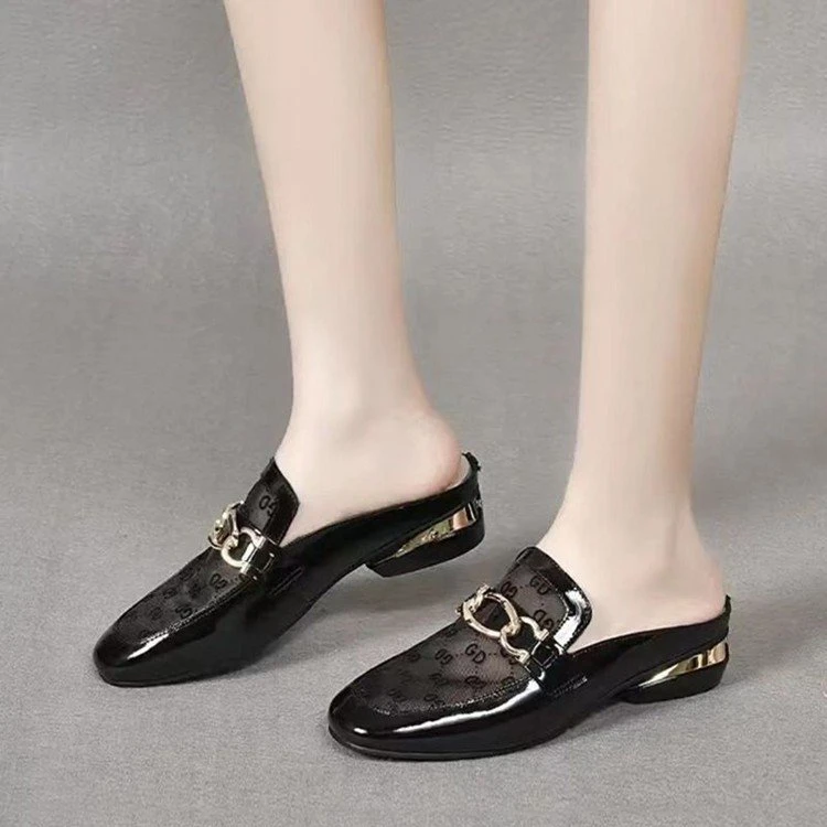 断码特价真皮网纱包头半拖鞋女夏外穿软皮2025年新款粗跟时尚凉拖