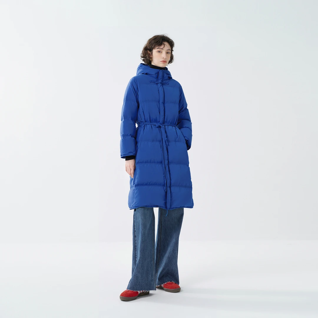 EIN/言多巴胺新中式盘扣高领连帽腰带90鸭绒中长羽绒服秋冬新款