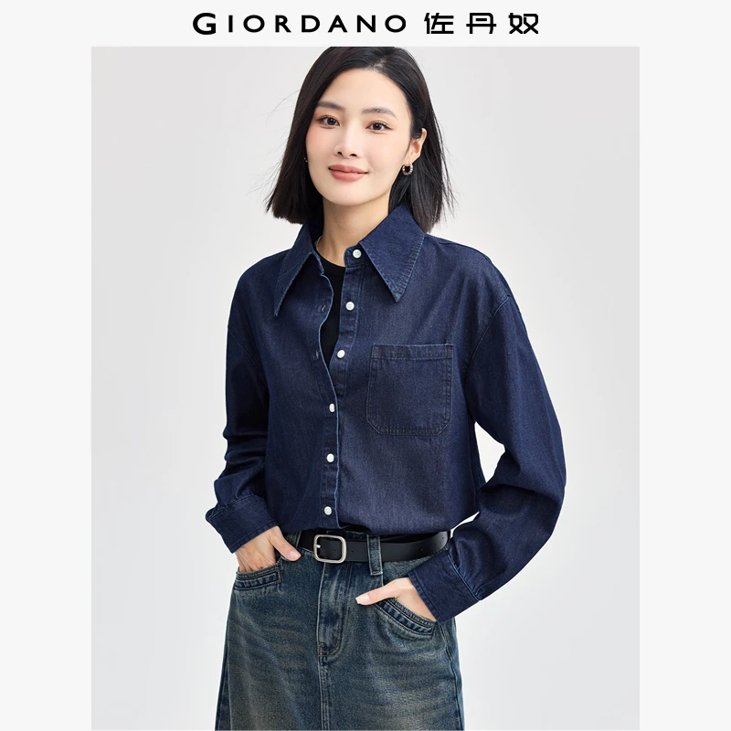 佐丹奴衬衫女装纯棉复古牛仔单口袋长袖牛仔衬衫 13344853