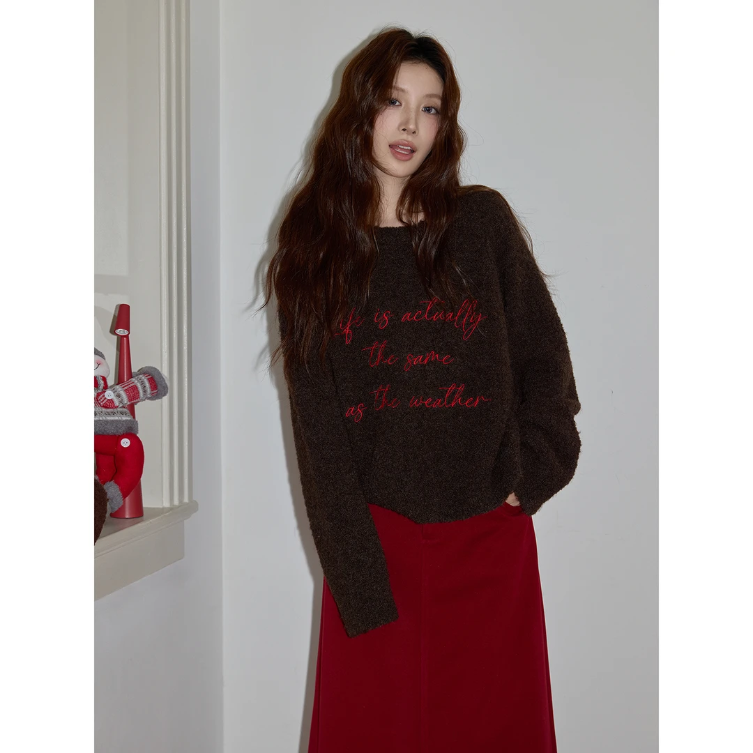 【吵吵家】美式咖色圆领套头毛衣女2025冬加厚宽松休闲短款长袖上衣