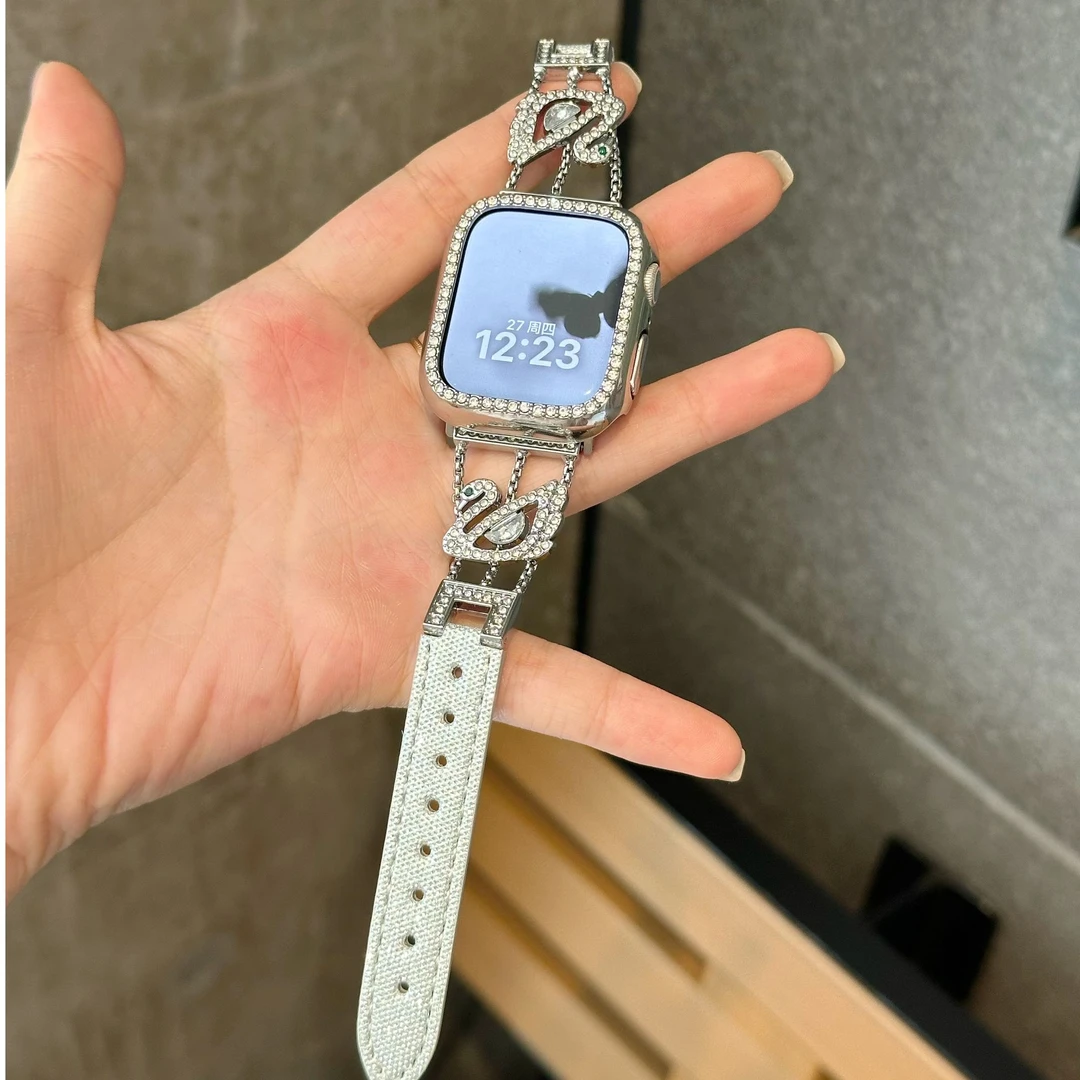 【天鹅心】适配于苹果applewatch1-10seUItra小众高级感流心钻表带
