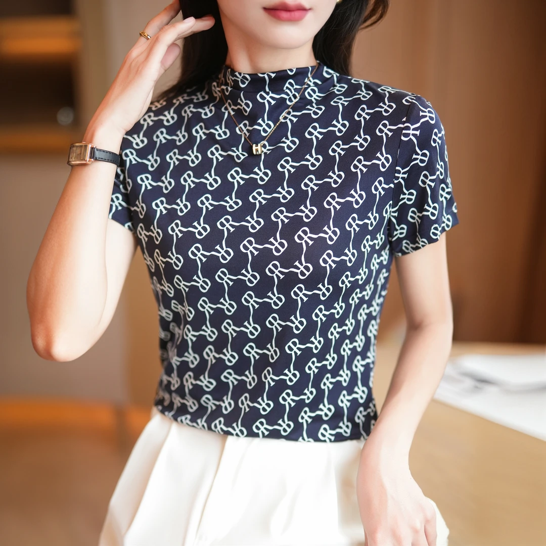 经典基础款女自由领双面针织真丝短袖T恤印花桑蚕丝套头打底上衣