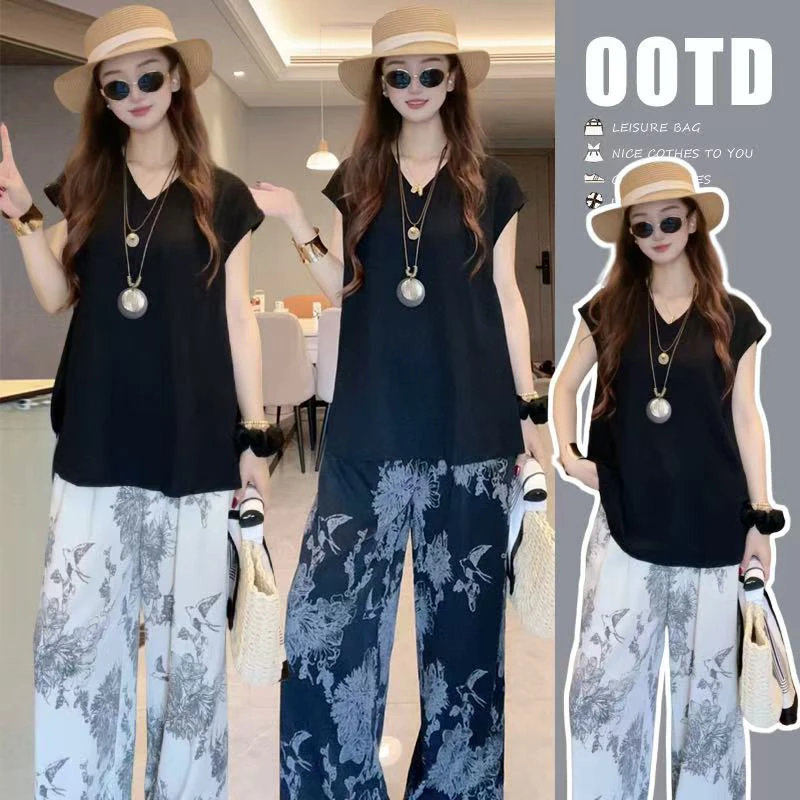 【Liner】夏季气质洋气网红宽松显瘦短袖阔版上衣+百搭宽松蝴蝶裤