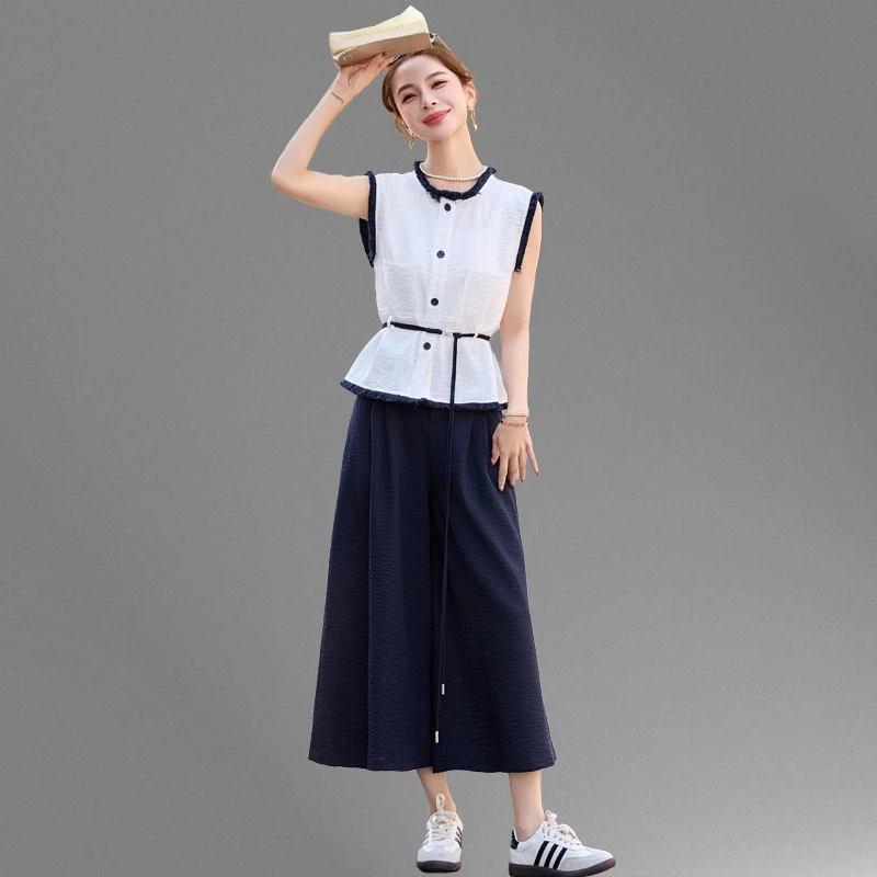 无袖上衣阔腿裤套装女夏季2025新款高级感宽松休闲洋气时尚两件套