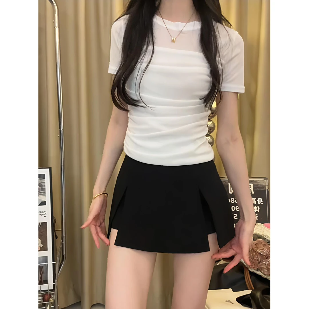 韩系气质高级感圆领正肩短袖t恤女夏季网纱拼接设计感超好看上衣