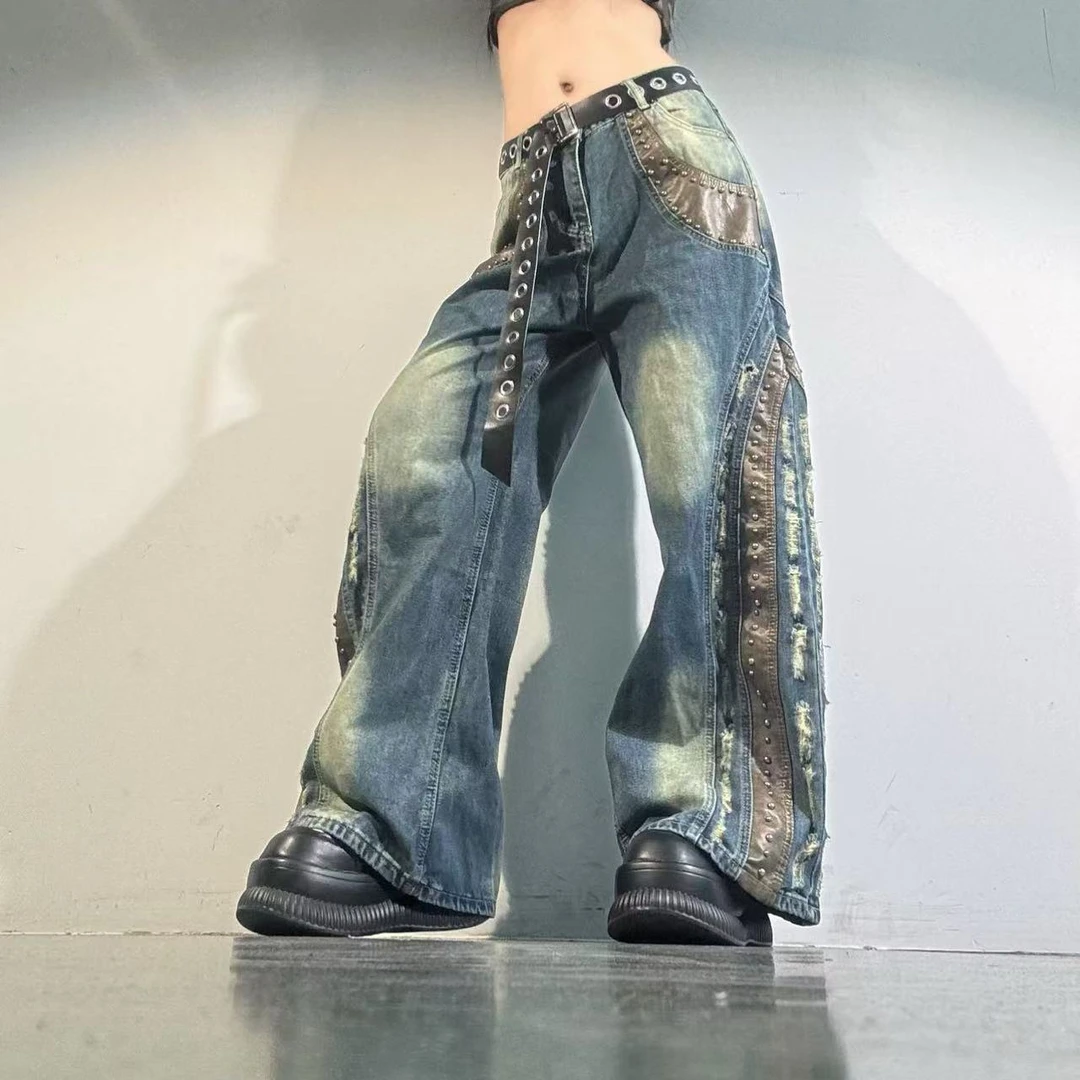 2025春夏新款美式复古重工水洗钉珠拼皮牛仔裤子女辣妹设计感拖地