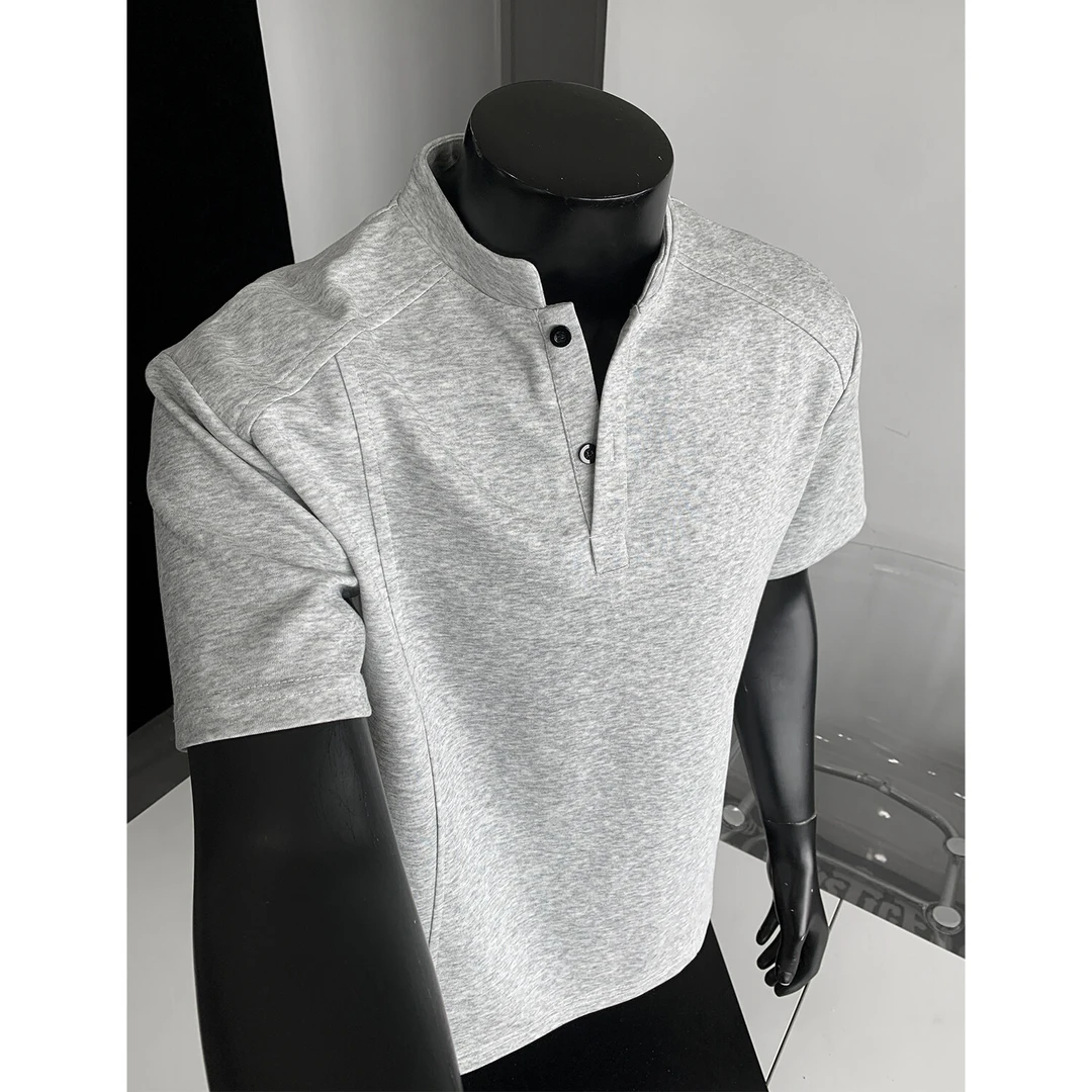 美式解构重磅立领短袖T恤夏季休闲正肩运动t恤男款爆款2025新款