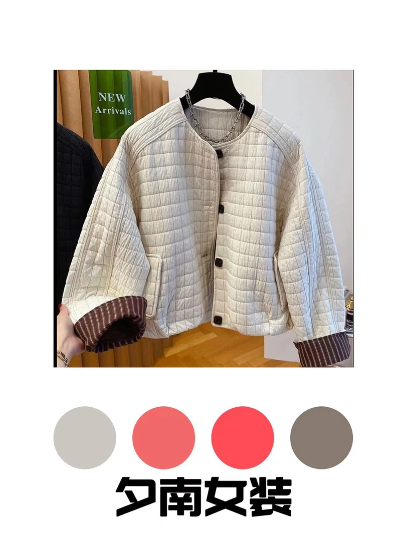 韩系格子圆领轻薄棉服女2024新款冬季韩版宽松休闲短款夹棉外套